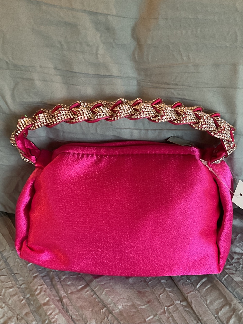 Fuschia Satin Mini Bag with Crystal Chain Handle